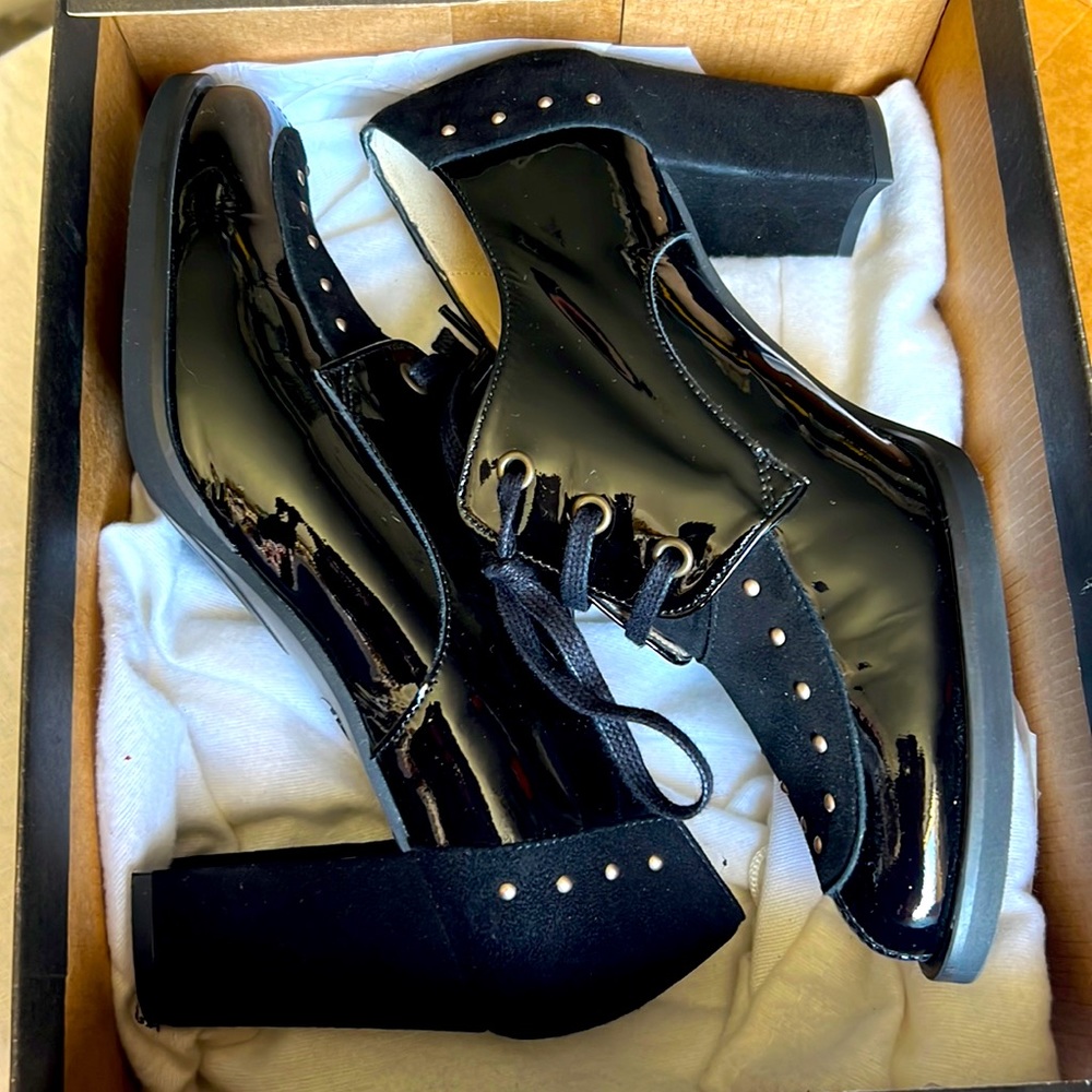 Fades by Lodi block 3” heel shoes classic laced black leather sz.39 glossy Spain - Picture 4 of 17
